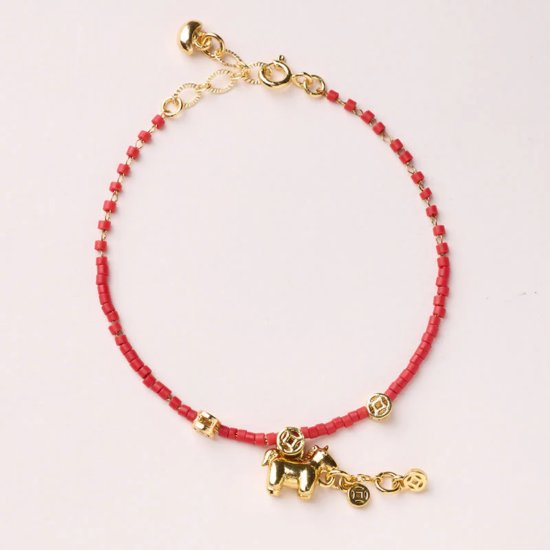 Bracciale della prosperità in vetro rosso Liuli dell'anno del cavallo, in argento sterling 925 placcato oro Buddha Stones - Image 12