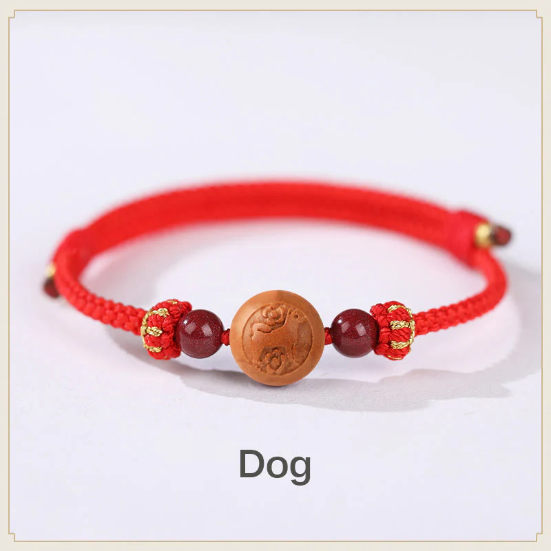 Braccialetto della ricchezza in cinabro intagliato con carattere dello zodiaco cinese Fu in legno di pesca naturale Buddha Stones - Image 10