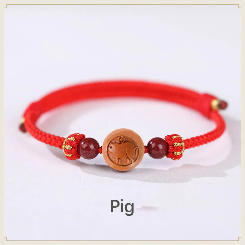 Braccialetto della ricchezza in cinabro intagliato con carattere dello zodiaco cinese Fu in legno di pesca naturale Buddha Stones - Image 11
