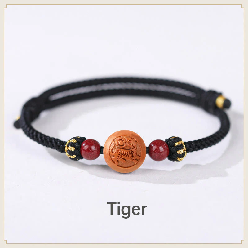 Braccialetto della ricchezza in cinabro intagliato con carattere dello zodiaco cinese Fu in legno di pesca naturale Buddha Stones - Image 12
