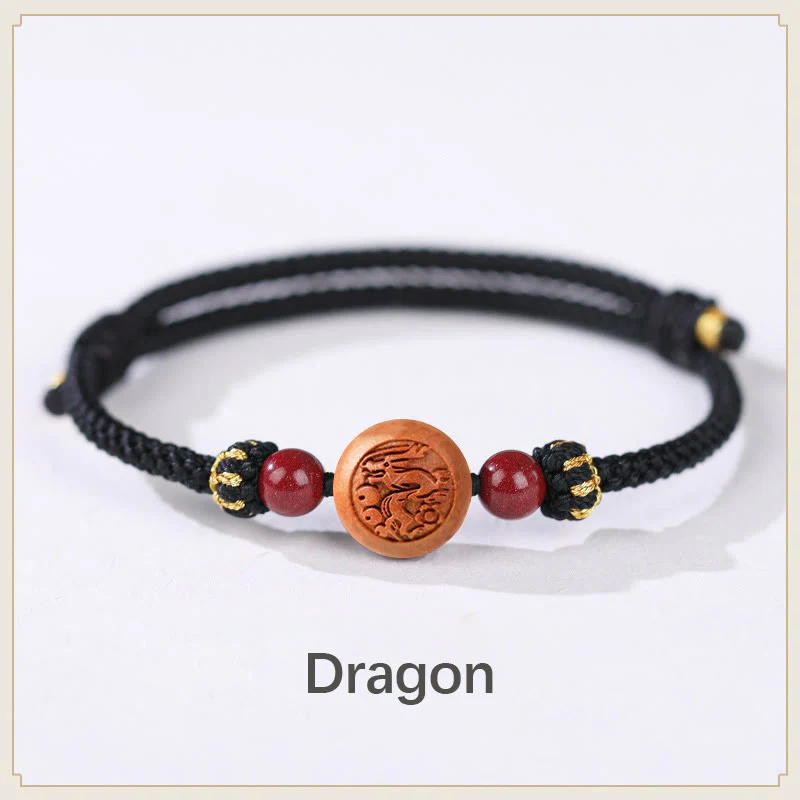 Braccialetto della ricchezza in cinabro intagliato con carattere dello zodiaco cinese Fu in legno di pesca naturale Buddha Stones - Image 18