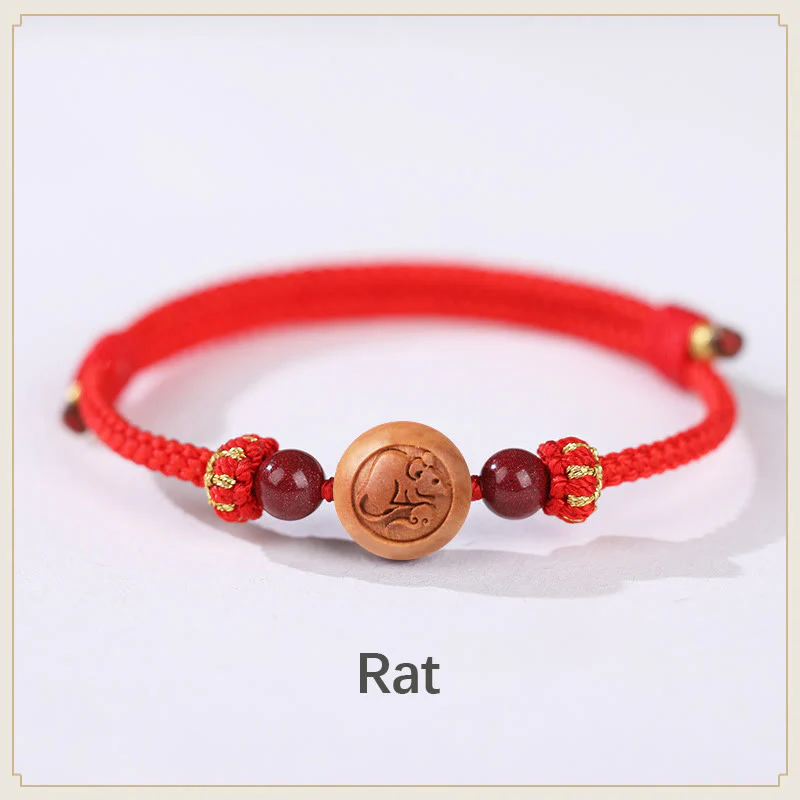 Braccialetto della ricchezza in cinabro intagliato con carattere dello zodiaco cinese Fu in legno di pesca naturale Buddha Stones - Image 2