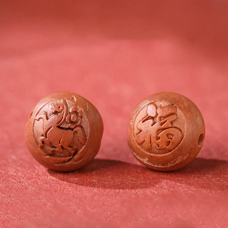 Braccialetto della ricchezza in cinabro intagliato con carattere dello zodiaco cinese Fu in legno di pesca naturale Buddha Stones - Image 22