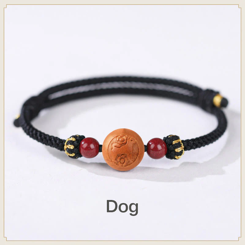 Braccialetto della ricchezza in cinabro intagliato con carattere dello zodiaco cinese Fu in legno di pesca naturale Buddha Stones - Image 25