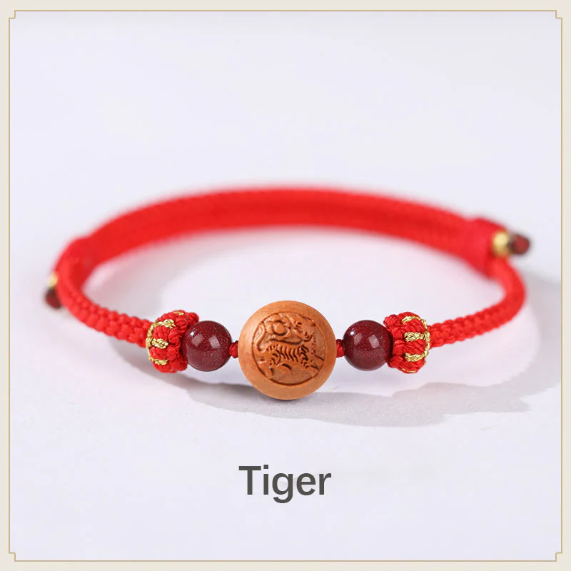 Braccialetto della ricchezza in cinabro intagliato con carattere dello zodiaco cinese Fu in legno di pesca naturale Buddha Stones - Image 4