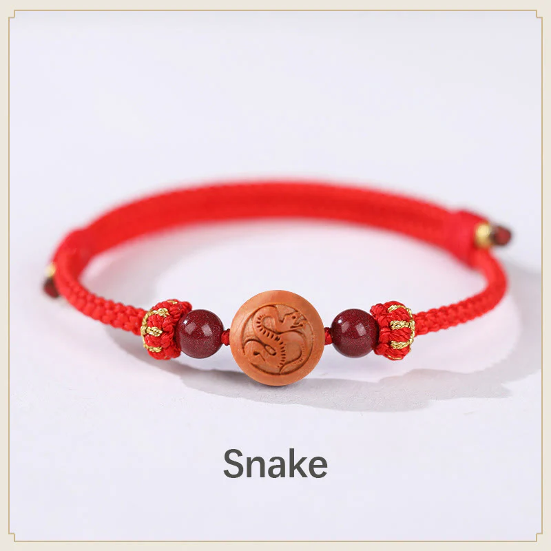Braccialetto della ricchezza in cinabro intagliato con carattere dello zodiaco cinese Fu in legno di pesca naturale Buddha Stones - Image 6