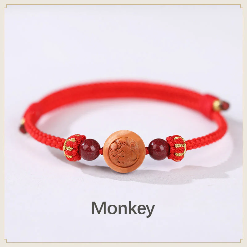 Braccialetto della ricchezza in cinabro intagliato con carattere dello zodiaco cinese Fu in legno di pesca naturale Buddha Stones - Image 8