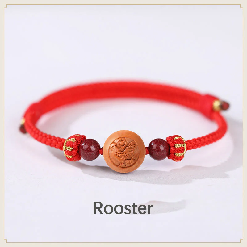 Braccialetto della ricchezza in cinabro intagliato con carattere dello zodiaco cinese Fu in legno di pesca naturale Buddha Stones - Image 9