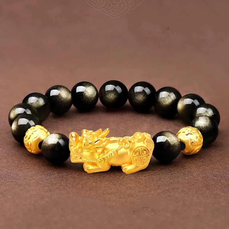 Braccialetto della ricchezza PiXiu Om Mani Padme Hum in ossidiana naturale lucidata in oro Buddha Stones - Image 10