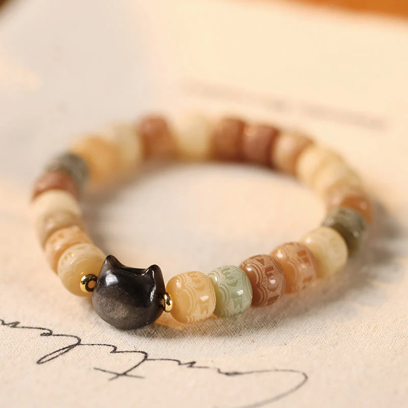 Braccialetto della saggezza con testa di gatto in ossidiana lucida in argento intagliato , semi di Bodhi, Om Mani Padme Hum