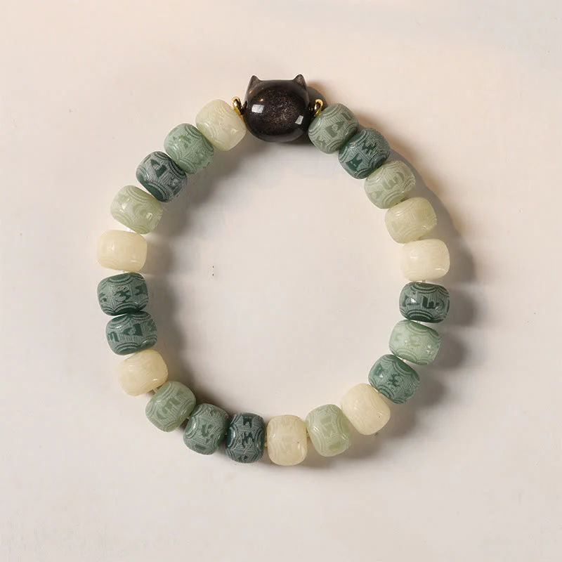 Braccialetto della saggezza con testa di gatto in ossidiana lucida in argento intagliato , semi di Bodhi, Om Mani Padme Hum - Image 10