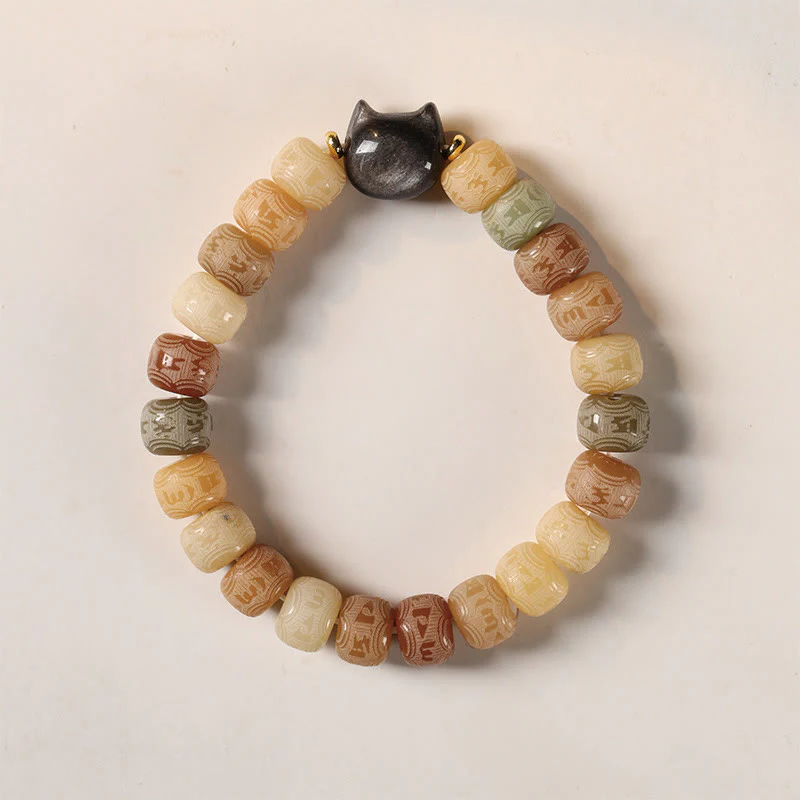 Braccialetto della saggezza con testa di gatto in ossidiana lucida in argento intagliato , semi di Bodhi, Om Mani Padme Hum - Image 2