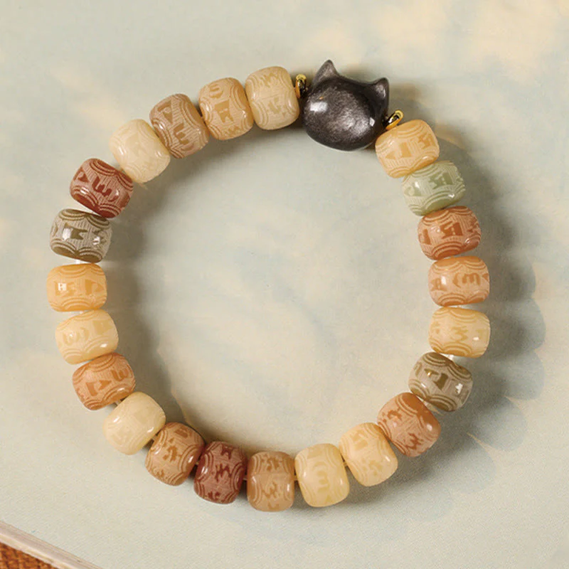 Braccialetto della saggezza con testa di gatto in ossidiana lucida in argento intagliato , semi di Bodhi, Om Mani Padme Hum - Image 3
