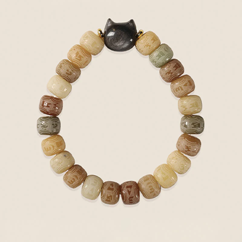 Braccialetto della saggezza con testa di gatto in ossidiana lucida in argento intagliato , semi di Bodhi, Om Mani Padme Hum - Image 4