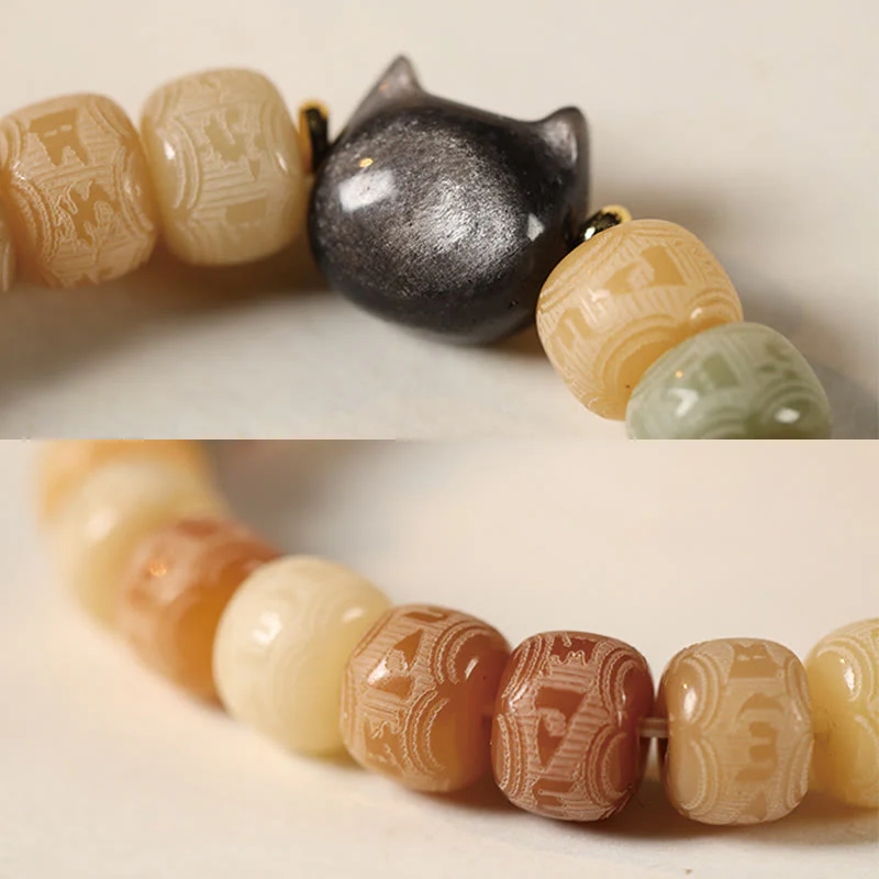 Braccialetto della saggezza con testa di gatto in ossidiana lucida in argento intagliato , semi di Bodhi, Om Mani Padme Hum - Image 6