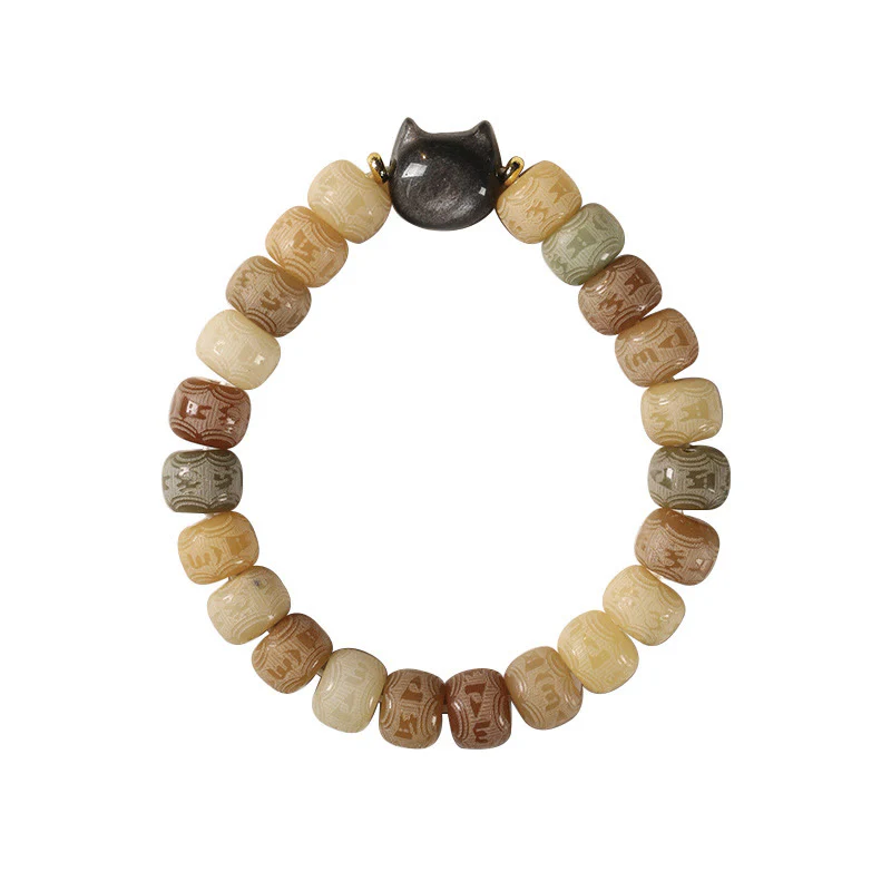 Braccialetto della saggezza con testa di gatto in ossidiana lucida in argento intagliato , semi di Bodhi, Om Mani Padme Hum - Image 7