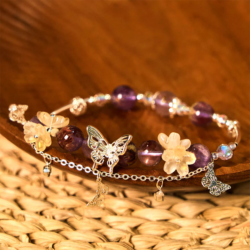 Braccialetto della saggezza dei fiori di farfalla fantasma viola naturale di Buddha Stones - Image 2