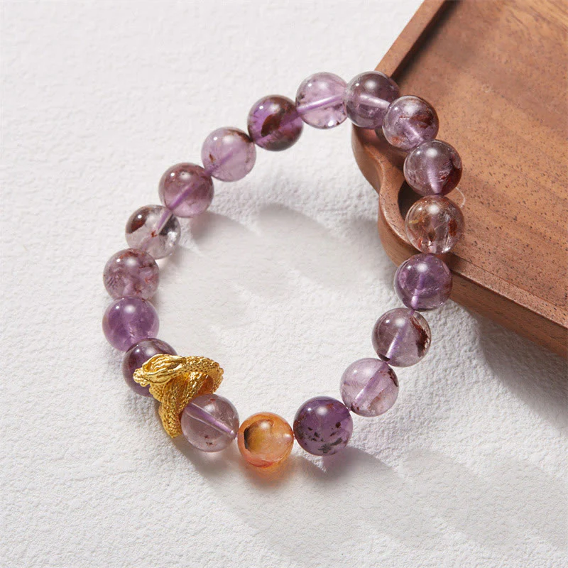 Braccialetto della saggezza del drago placcato oro in rame fantasma viola Buddha Stones - Image 3