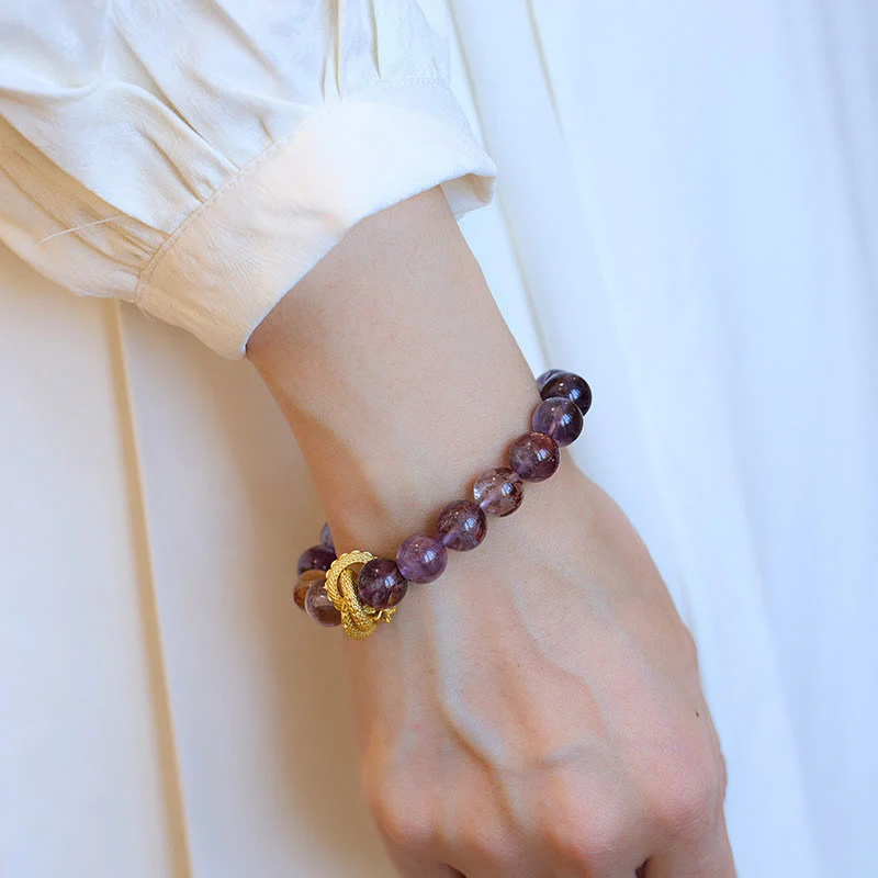Braccialetto della saggezza del drago placcato oro in rame fantasma viola Buddha Stones - Image 9