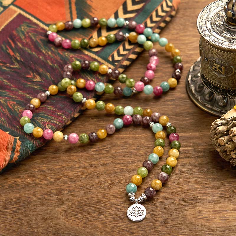 Braccialetto della saggezza del loto con 108 perline mala multistrato in tormalina naturale Buddha Stones - Image 2