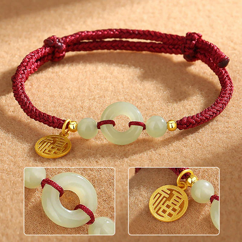 Braccialetto dell'abbondanza con ciondolo a forma di carattere Fu, fibbia della pace in argento sterling 925 con Buddha Stones e giada di Hetian - Image 3