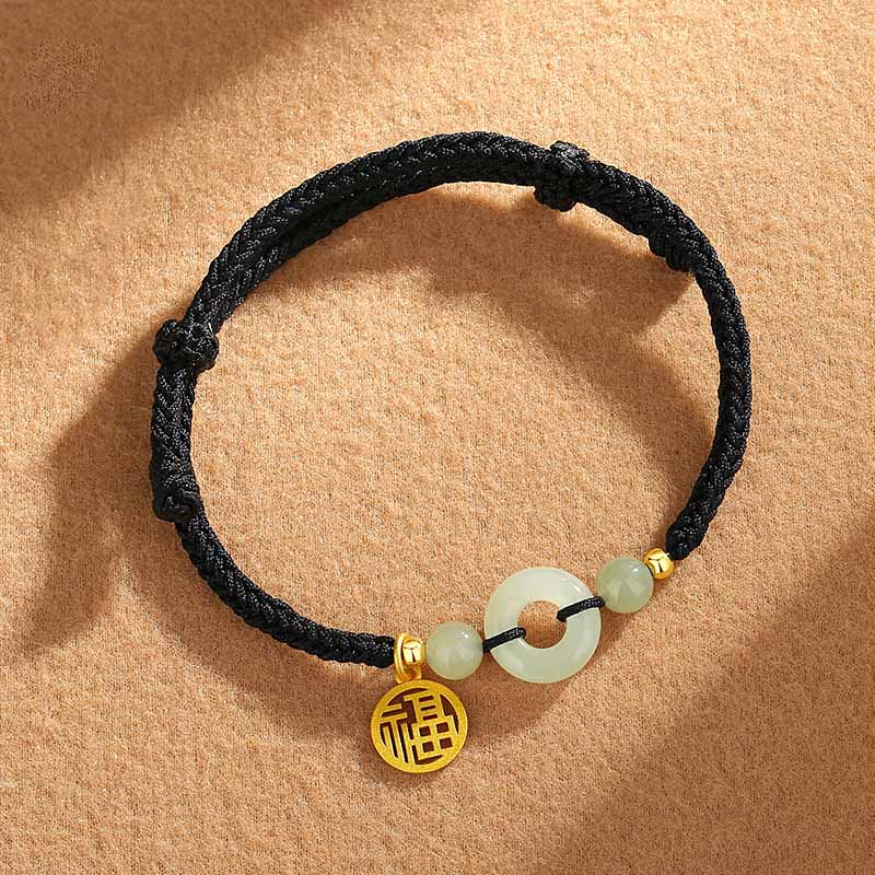 Braccialetto dell'abbondanza con ciondolo a forma di carattere Fu, fibbia della pace in argento sterling 925 con Buddha Stones e giada di Hetian - Image 4