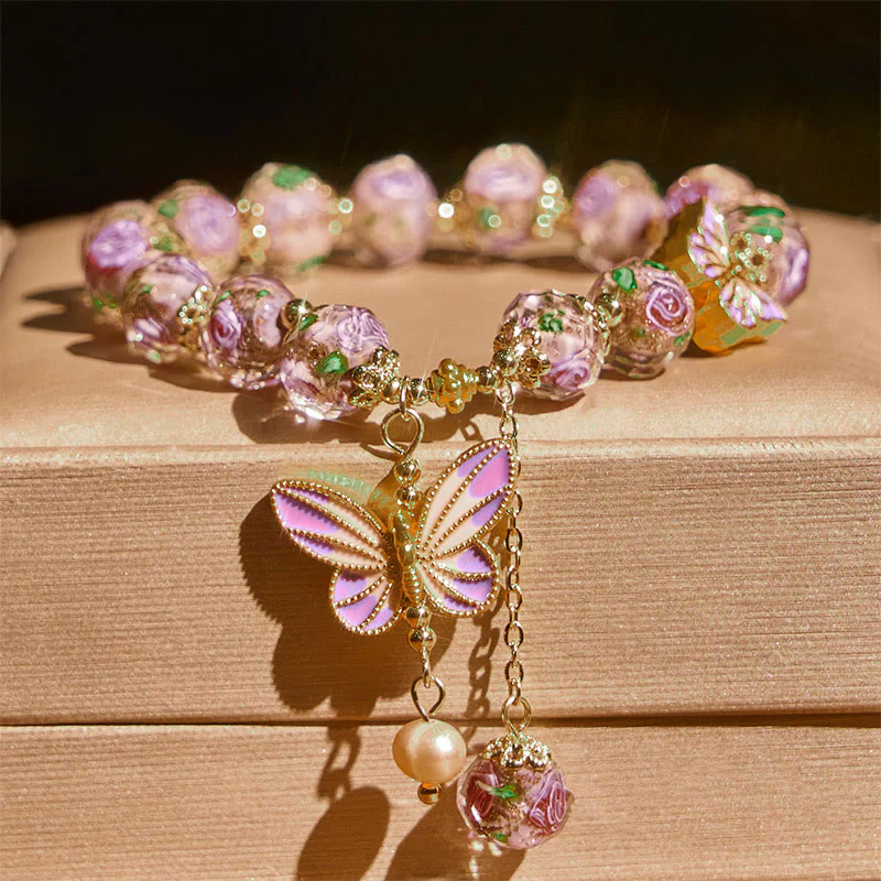 Braccialetto dell'amore con perline di vetro Liuli, ciondolo a forma di fiore con doppie farfalle Buddha Stones - Image 2