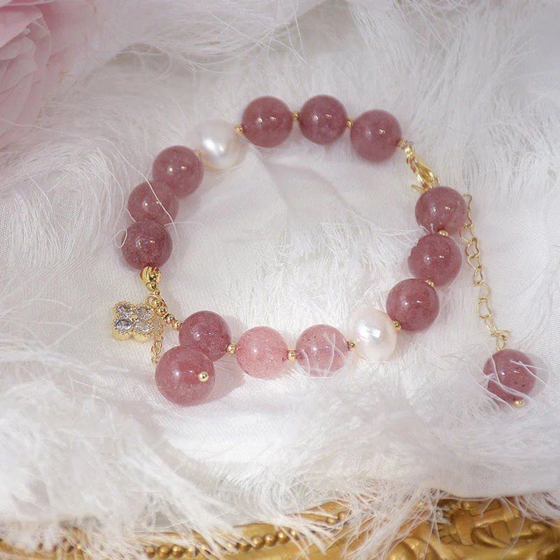 Braccialetto dell'amore con quadrifoglio a quattro foglie di perle di quarzo fragola naturale Buddha Stones - Image 2