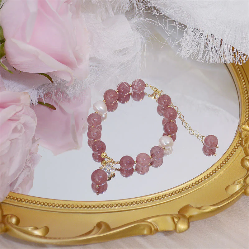 Braccialetto dell'amore con quadrifoglio a quattro foglie di perle di quarzo fragola naturale Buddha Stones - Image 4