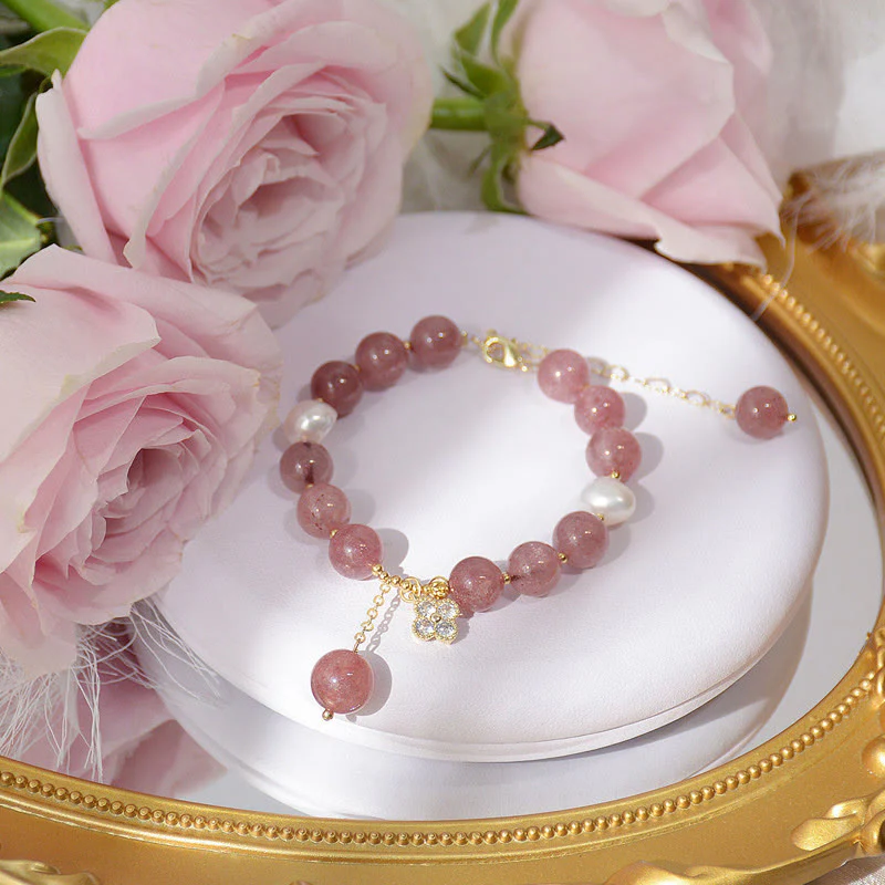 Braccialetto dell'amore con quadrifoglio a quattro foglie di perle di quarzo fragola naturale Buddha Stones - Image 5