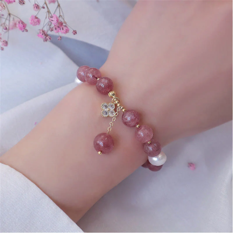 Braccialetto dell'amore con quadrifoglio a quattro foglie di perle di quarzo fragola naturale Buddha Stones - Image 8