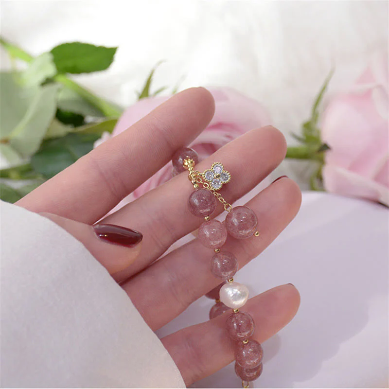 Braccialetto dell'amore con quadrifoglio a quattro foglie di perle di quarzo fragola naturale Buddha Stones - Image 9