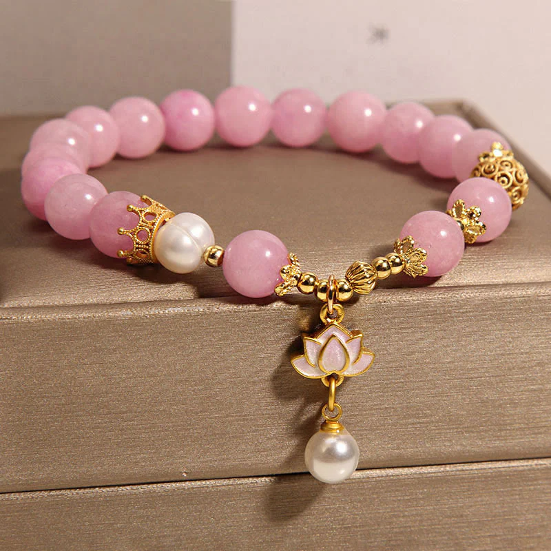 Bracciale dell'armonia con ciondolo di loto in perla di quarzite rosa Buddha Stones - Image 2