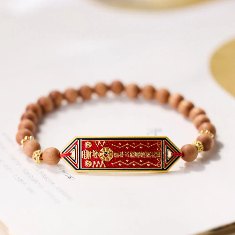 Braccialetto dell'armonia con perline di legno di sandalo , Buddha Stones , rame placcato oro, carattere cinese Bagua Yin Yang