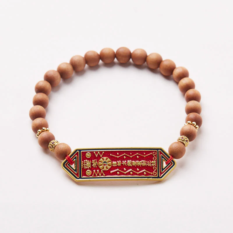Braccialetto dell'armonia con perline di legno di sandalo , Buddha Stones , rame placcato oro, carattere cinese Bagua Yin Yang - Image 2