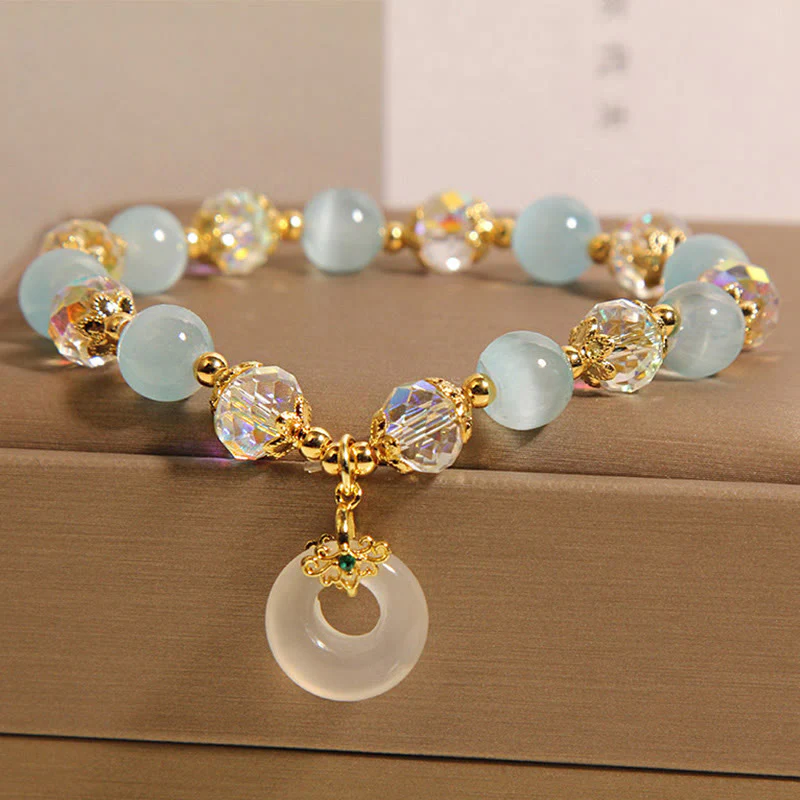 Braccialetto dell'equilibrio con fibbia della pace in cristallo bianco e Buddha Stones blu occhio di gatto - Image 2