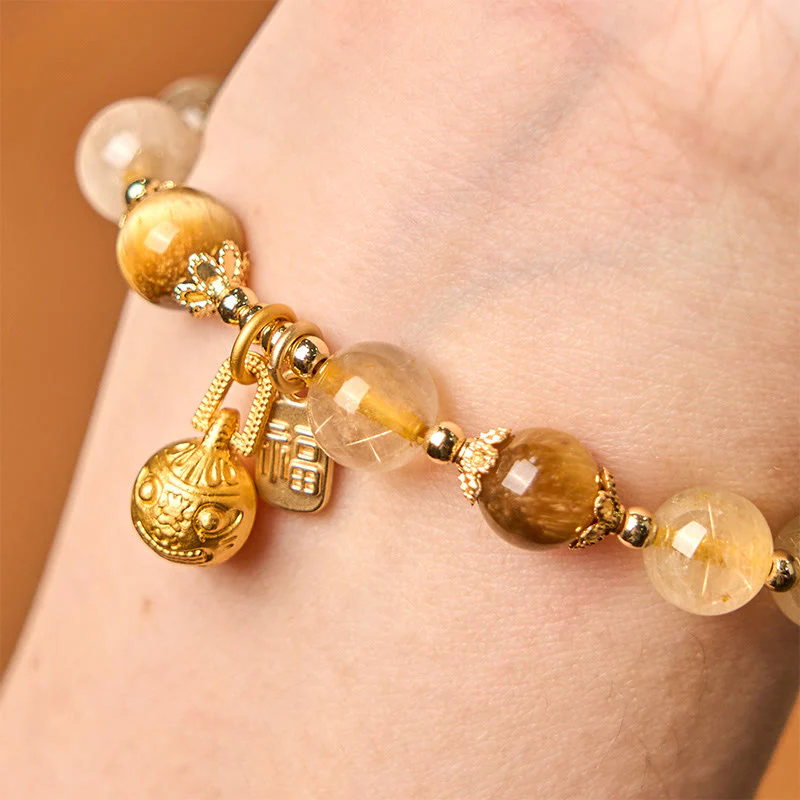 Braccialetto di auspicio Buddha Stones in quarzo rutilato naturale Fu Character Metal che ingoia la bestia - Image 10