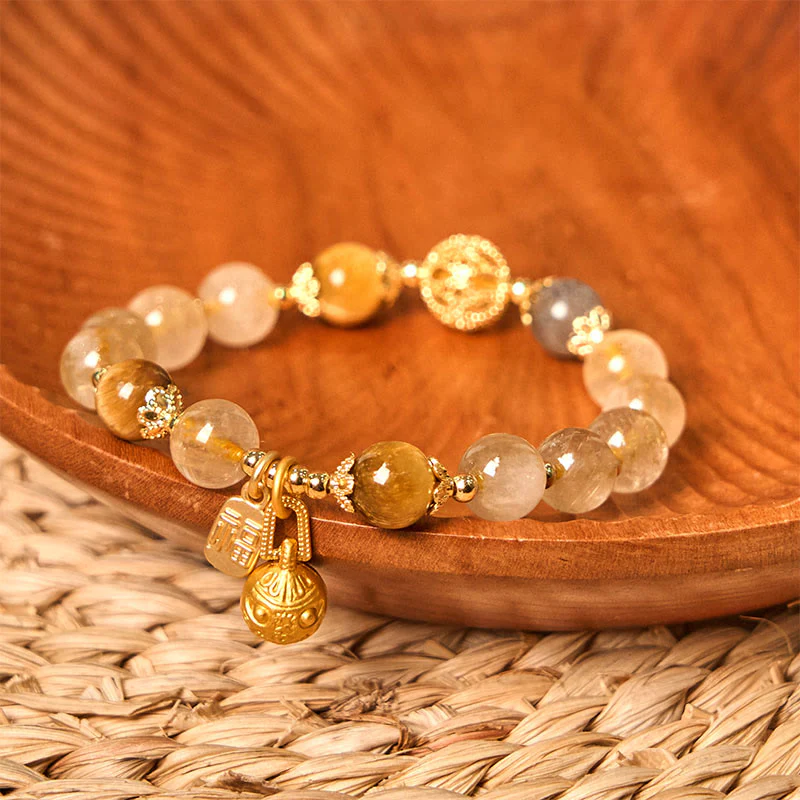 Braccialetto di auspicio Buddha Stones in quarzo rutilato naturale Fu Character Metal che ingoia la bestia - Image 3