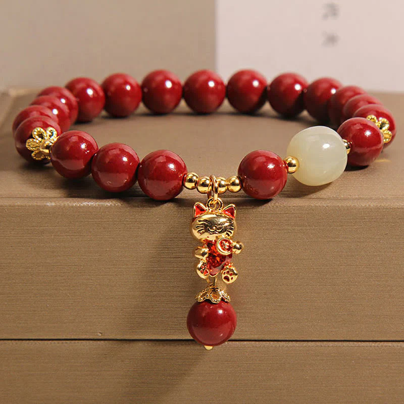 Braccialetto di benedizione con ciondolo gatto portafortuna naturale Buddha Stones Cinnabar