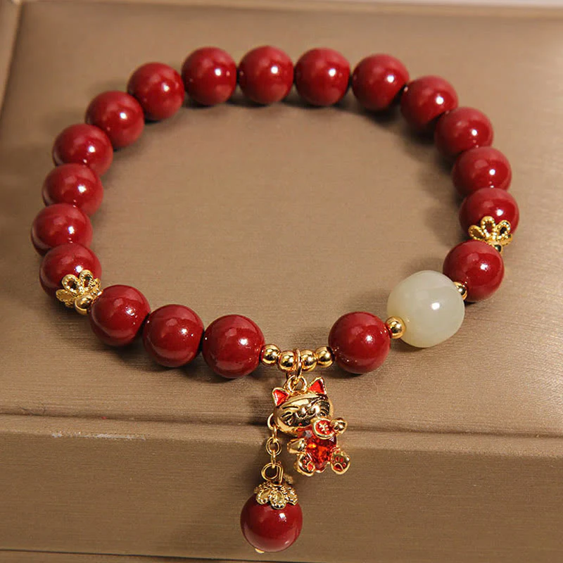 Braccialetto di benedizione con ciondolo gatto portafortuna naturale Buddha Stones Cinnabar - Image 4