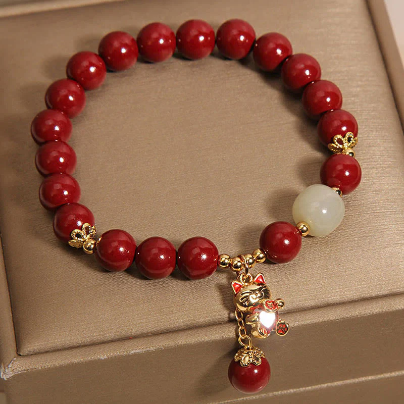Braccialetto di benedizione con ciondolo gatto portafortuna naturale Buddha Stones Cinnabar - Image 5