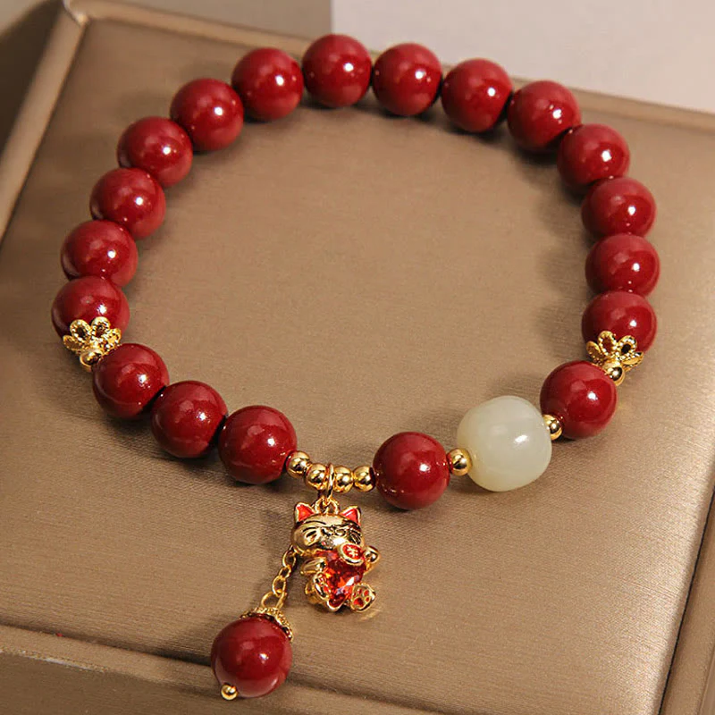 Braccialetto di benedizione con ciondolo gatto portafortuna naturale Buddha Stones Cinnabar - Image 9