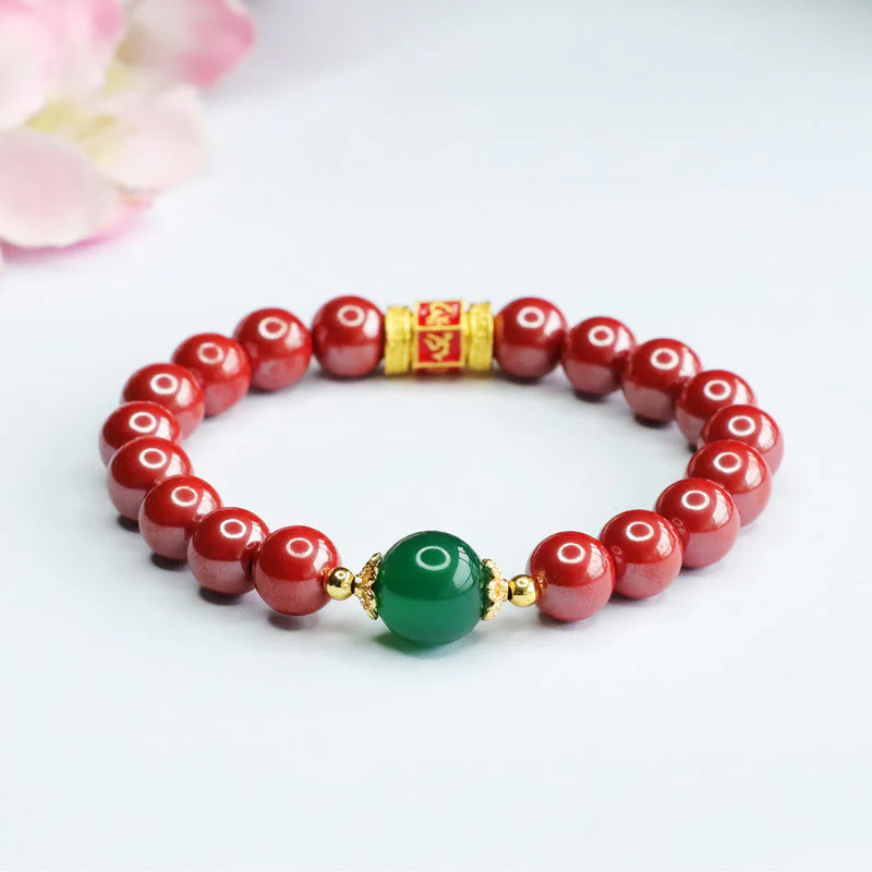 Braccialetto di benedizione con motivo Om Mani Padme Hum in agata verde cinabro naturale Buddha Stones