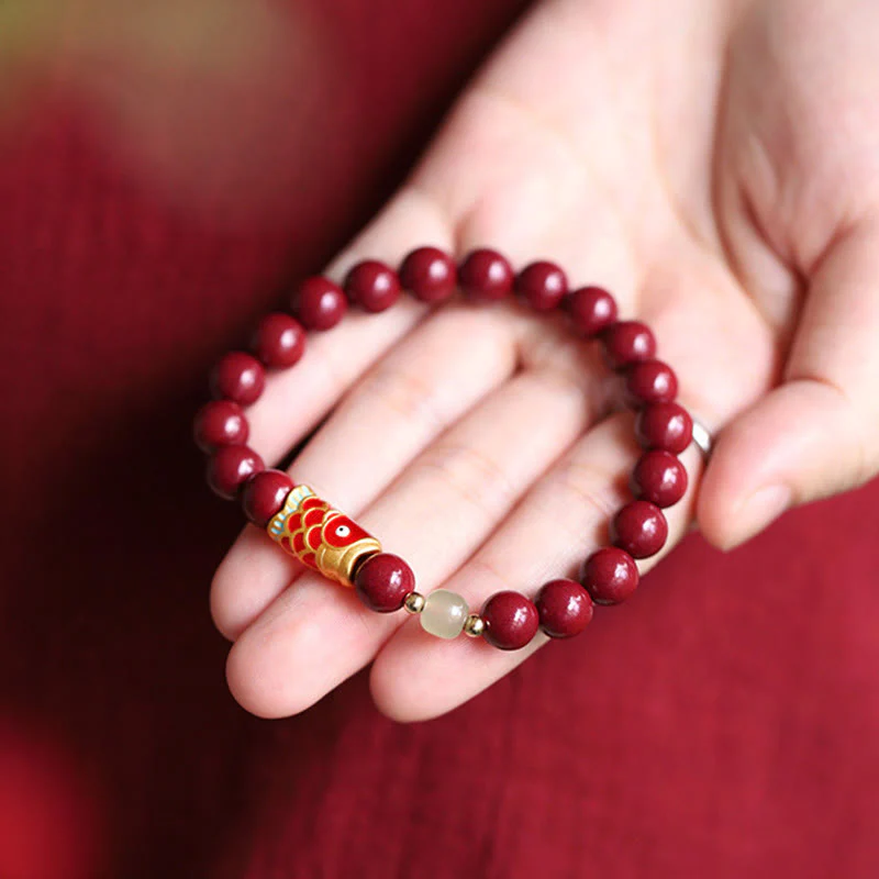 Braccialetto di benedizione con perline di giada Hetian, cinabro naturale, pesce koi fortunato, Buddha Stones - Image 8