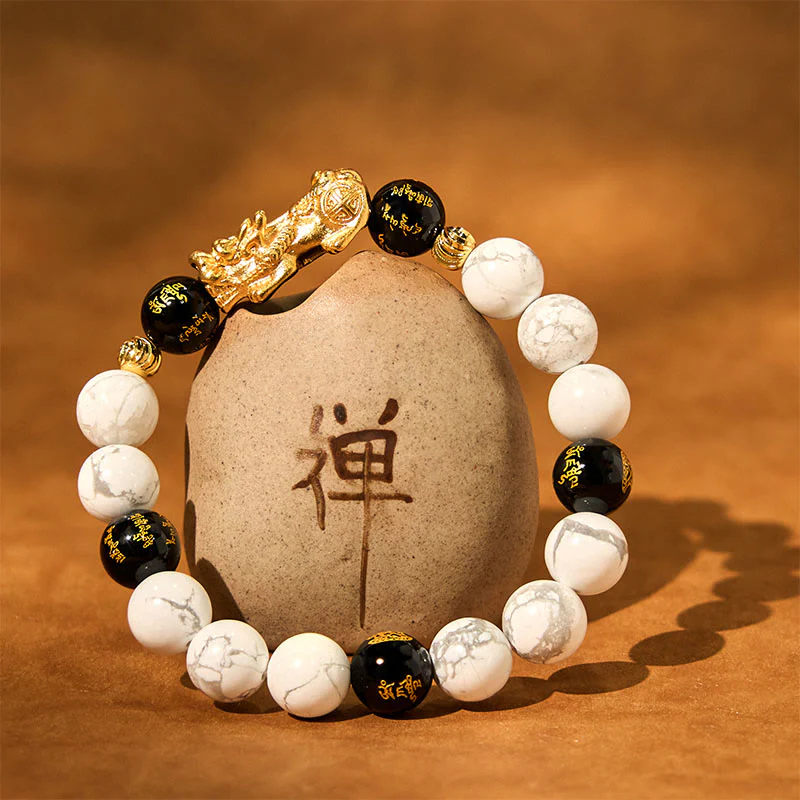 Braccialetto di benedizione con perline Pixiu in onice nero e turchese bianco vintage Buddha Stones - Image 4