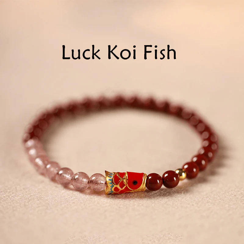 Braccialetto di benedizione con pesce koi portafortuna, cinabro naturale, cristallo rosa Buddha Stones , quarzo fragola