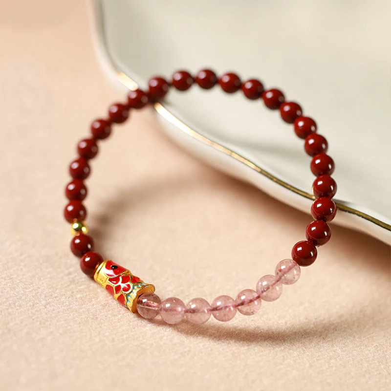 Braccialetto di benedizione con pesce koi portafortuna, cinabro naturale, cristallo rosa Buddha Stones , quarzo fragola - Image 2