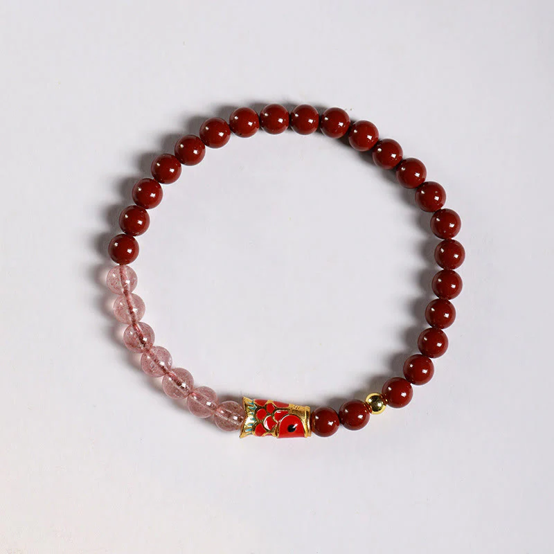 Braccialetto di benedizione con pesce koi portafortuna, cinabro naturale, cristallo rosa Buddha Stones , quarzo fragola - Image 3