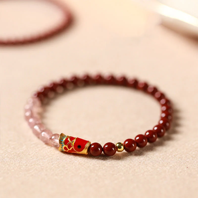 Braccialetto di benedizione con pesce koi portafortuna, cinabro naturale, cristallo rosa Buddha Stones , quarzo fragola - Image 4
