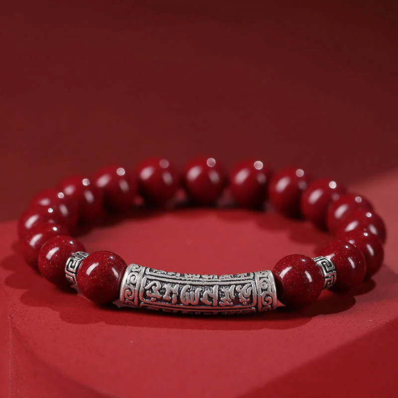 Braccialetto di benedizione con sei parole vere in argento sterling 999, Buddha Stones , cinabro - Image 3